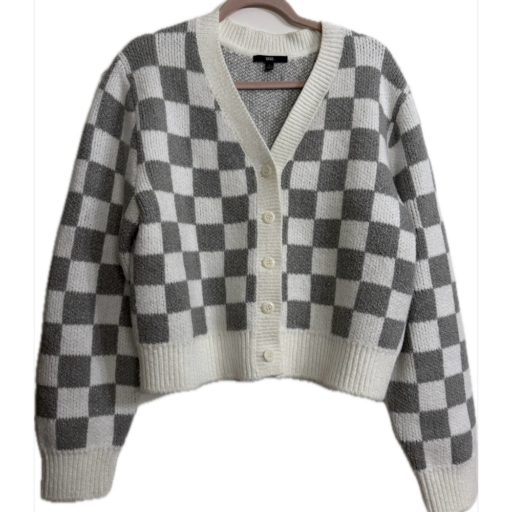 Women’s Vans Evelyn Checkered Cardigan Gray and White Sz Large - Picture 4 of 6